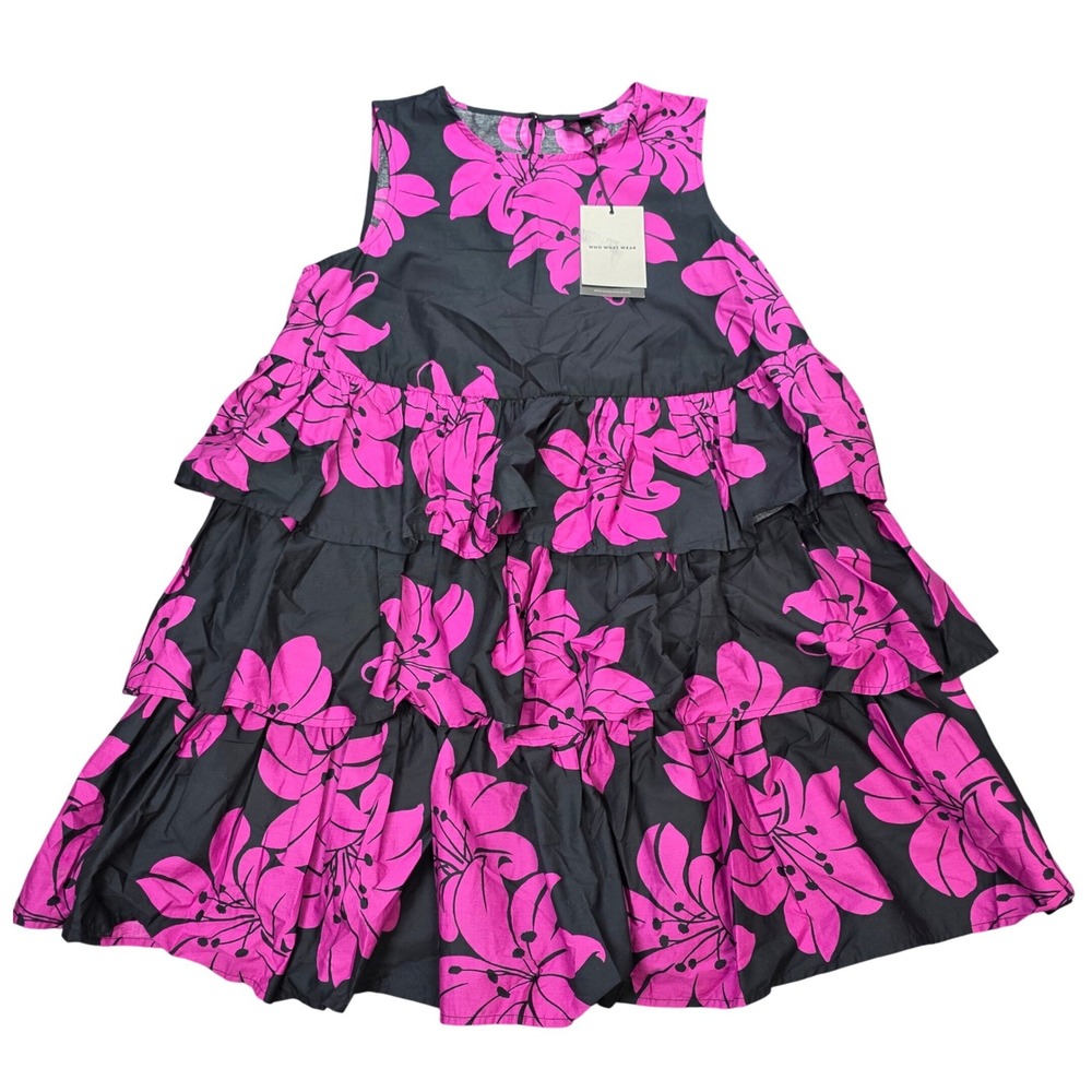 Who What Wear Floral Tiered Mini Dress Women's Size M Black Hot Hibiscus NWT